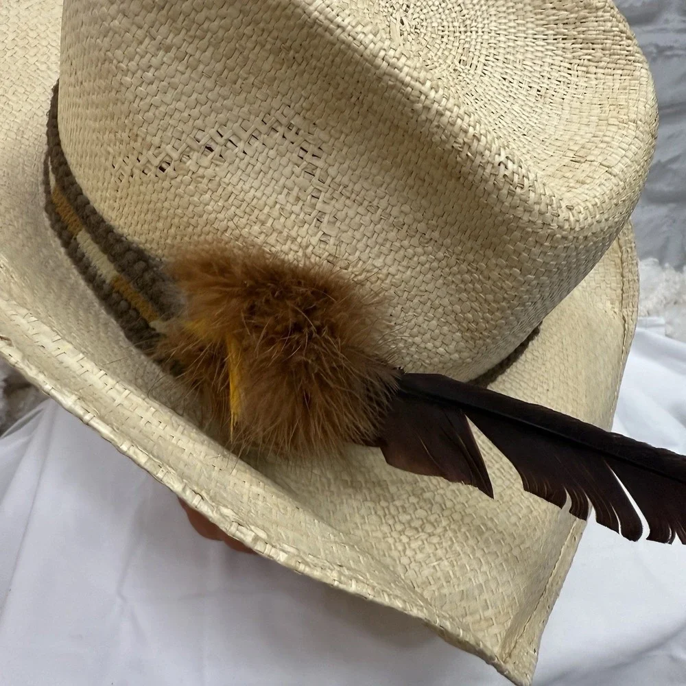 Rodeo Straw Cowboy Hat Brown Band‎ & Feather Size 7 1/4 Western Wear Ranch King
